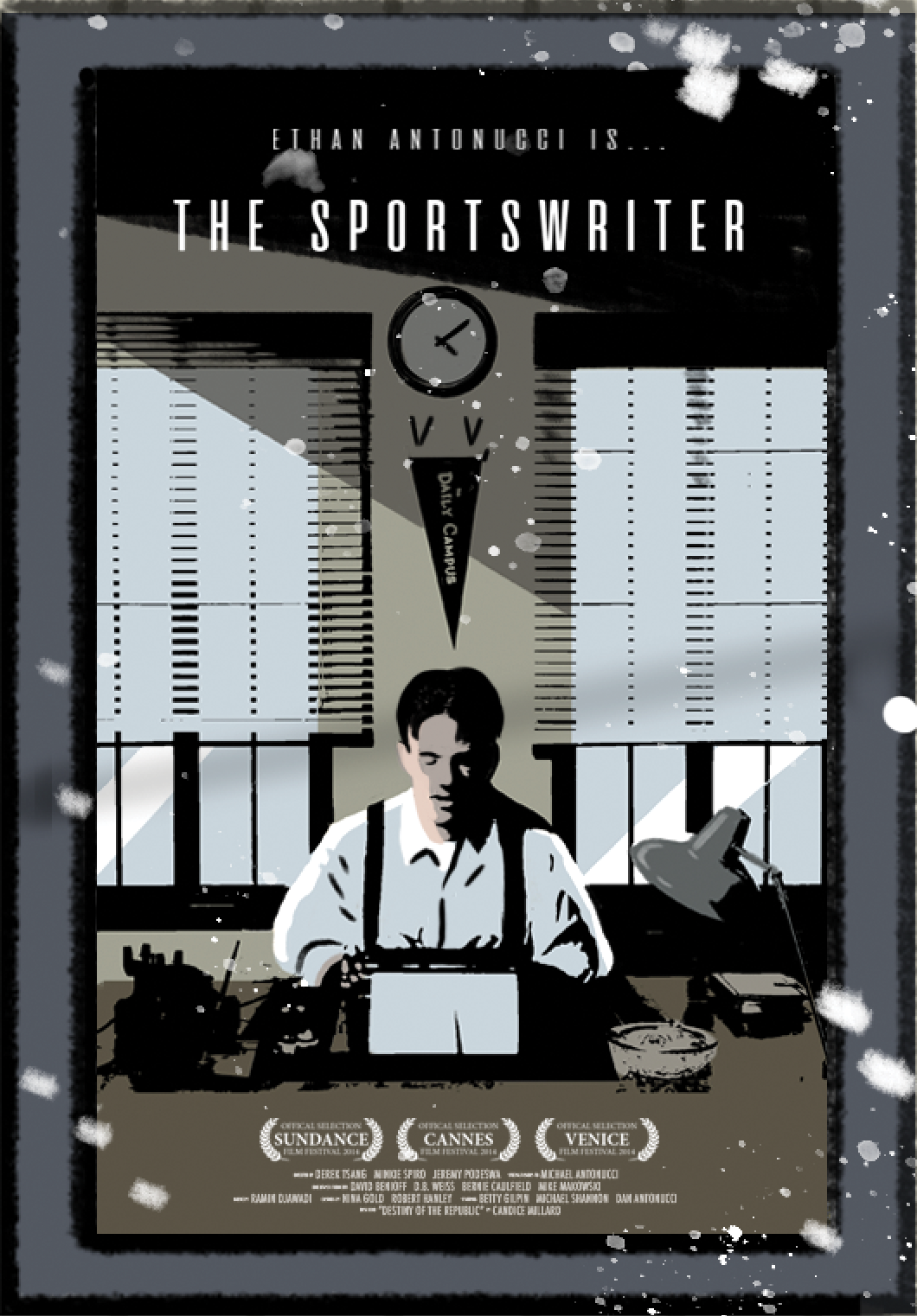 Spoof cinema poster featuring Ethan as "the Sportswriter" during a scene during his time on the Daily Campus at UConn